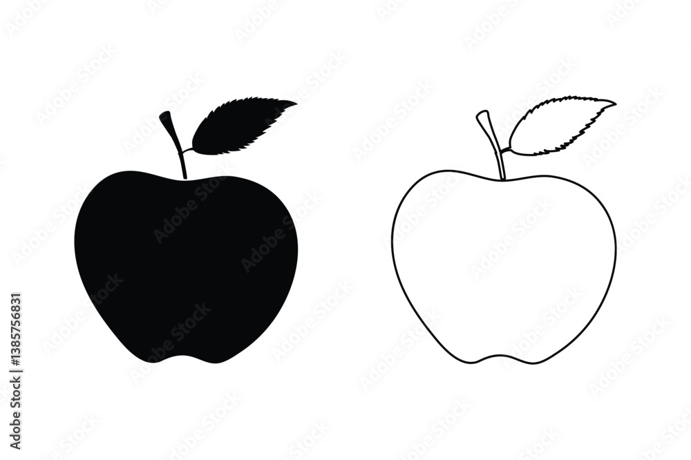 Silhouette and Outline of an Apple with Leaf – Black and White Minimalist Illustration vector Silhouette and Outline of an Apple with Leaf – Black and White Minimalist Illustration vector