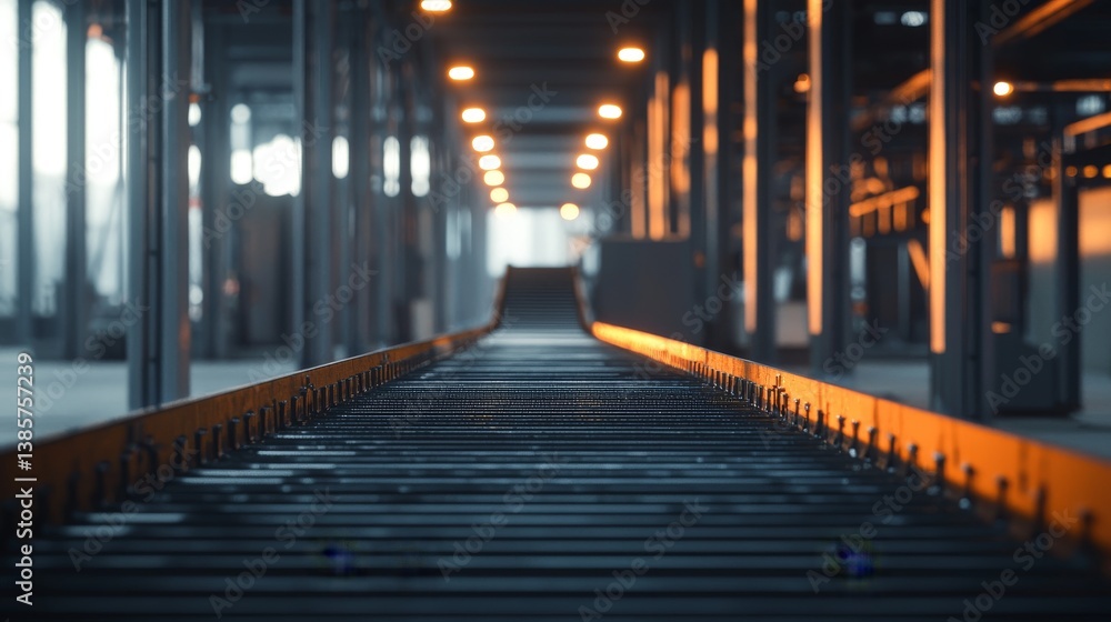 Obraz premium An industrial conveyor belt in a factory setting, illuminated by lights.