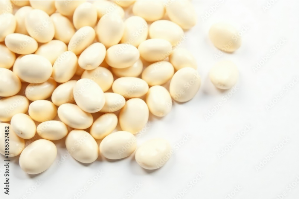 Scattered white beans on pure white background, culinary, pulse, diet Scattered white beans on pure white background, culinary, pulse, diet