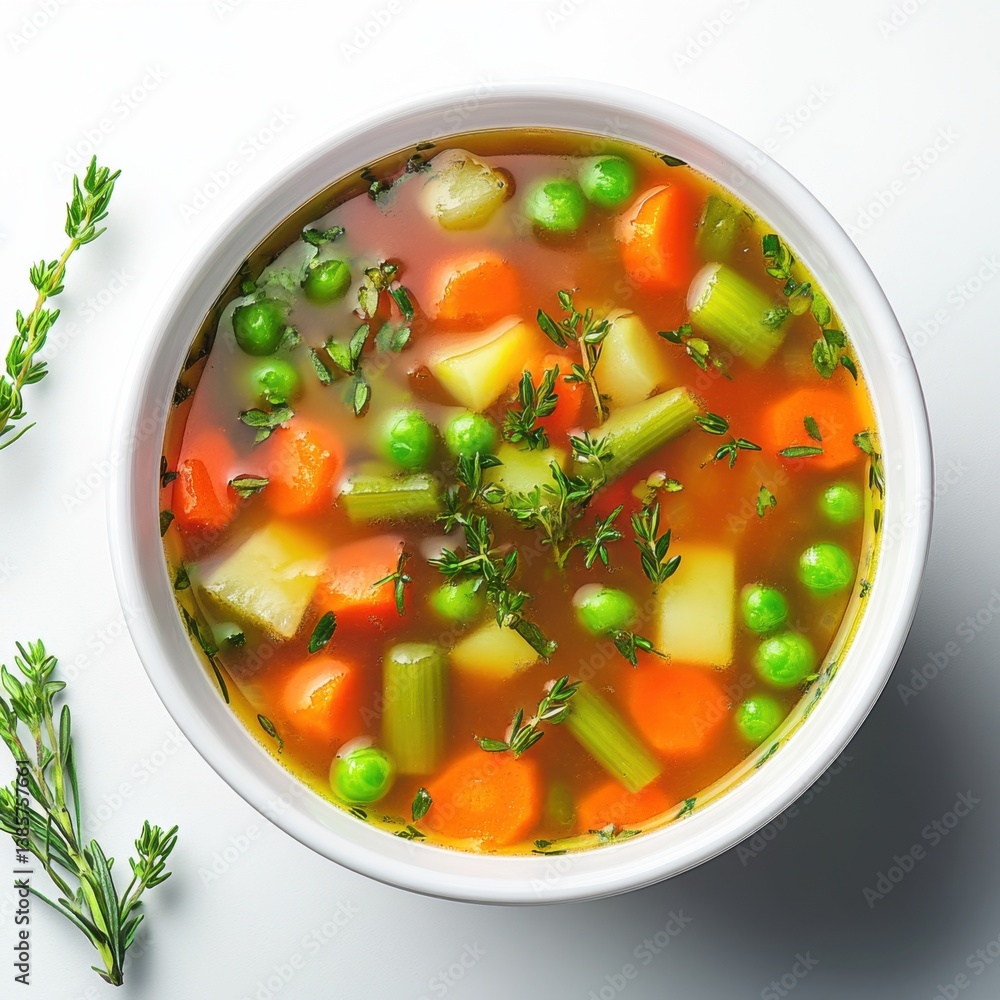 A freshly made vegetable soup with carrots, celery, and peas. Featuring a comforting dish A freshly made vegetable soup with carrots, celery, and peas. Featuring a comforting dish