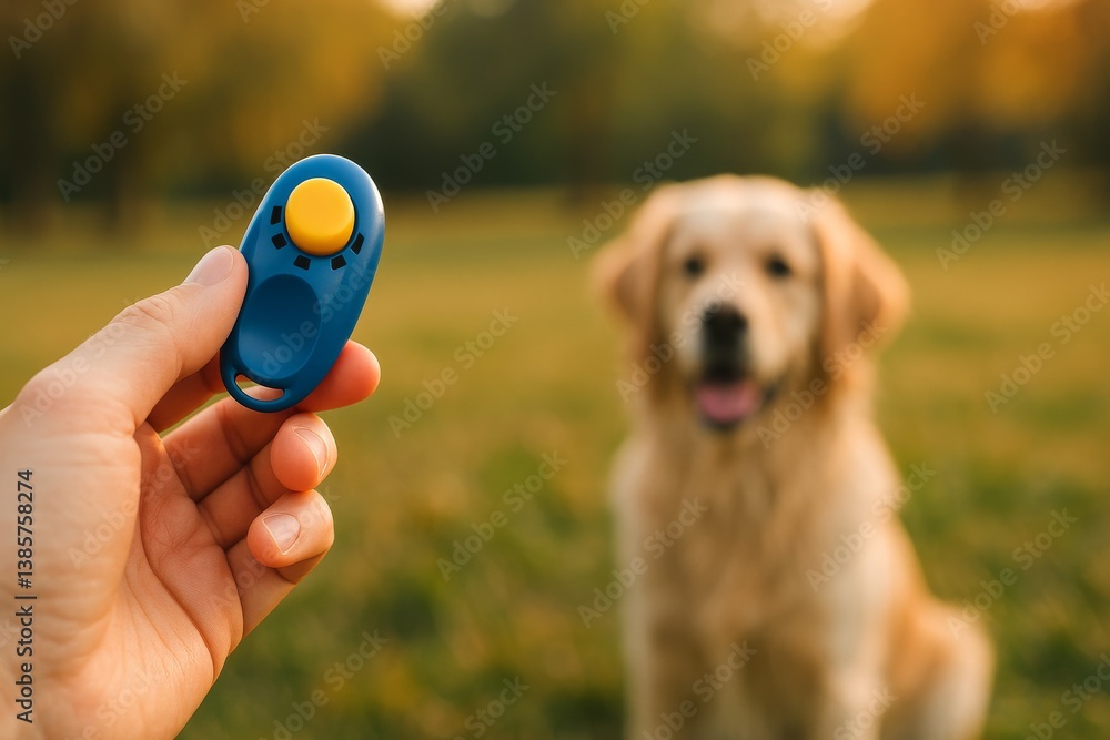 Training Session With Dog Using a Clicker in a Sunlit Field During the Evening