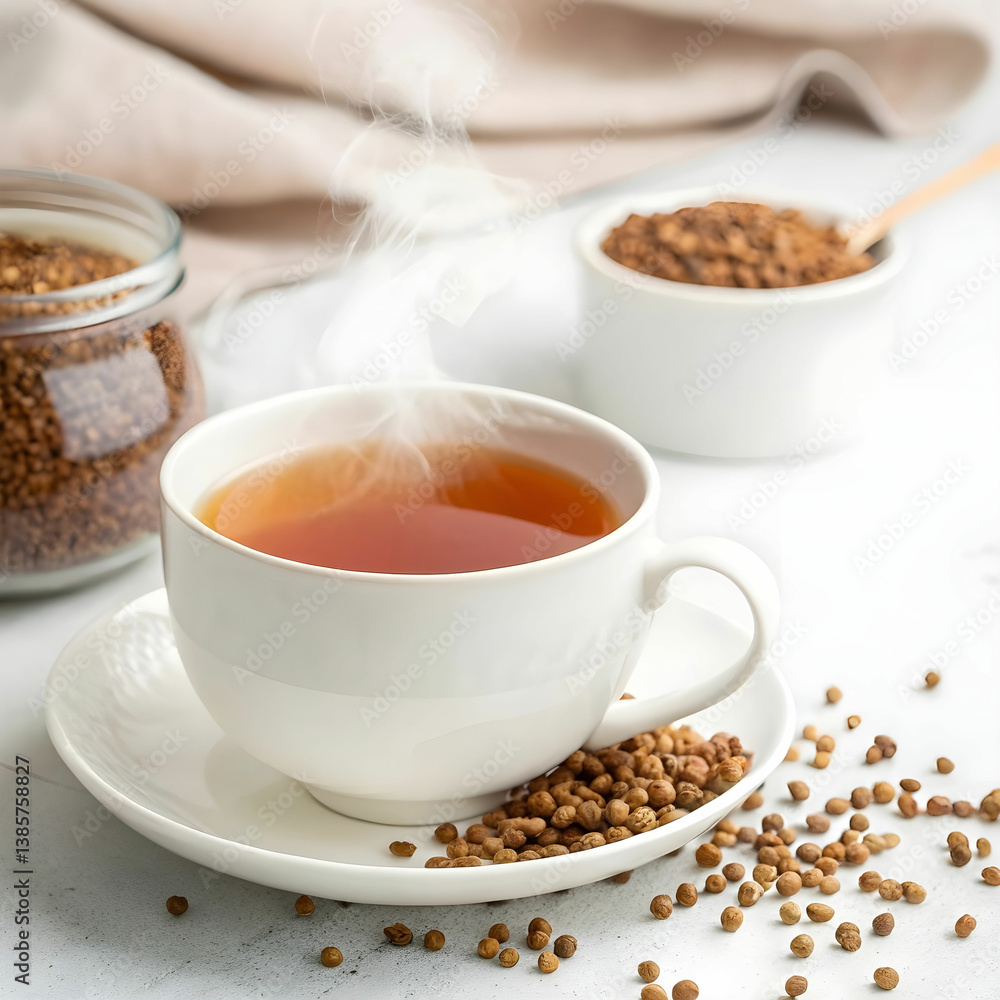 A concept of a hot drink with buckwheat tea, served in a simple cup on a white background, exuding warmth and comfort. A concept of a hot drink with buckwheat tea, served in a simple cup on a white background, exuding warmth and comfort.