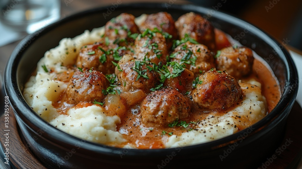 Savory Meatballs and Mashed Potato Delight: A delectable serving of hearty meatballs smothered in rich, flavorful sauce, accompanied by a creamy bed of mashed potatoes, a true culinary masterpiece! Savory Meatballs and Mashed Potato Delight: A delectable serving of hearty meatballs smothered in rich, flavorful sauce, accompanied by a creamy bed of mashed potatoes, a true culinary masterpiece!