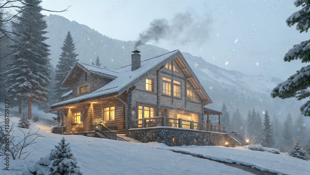 Cozy Mountain Chalet in Blizzard with Snow-Covered Pines and Warm Lights in High Resolution Cozy Mountain Chalet in Blizzard with Snow-Covered Pines and Warm Lights in High Resolution