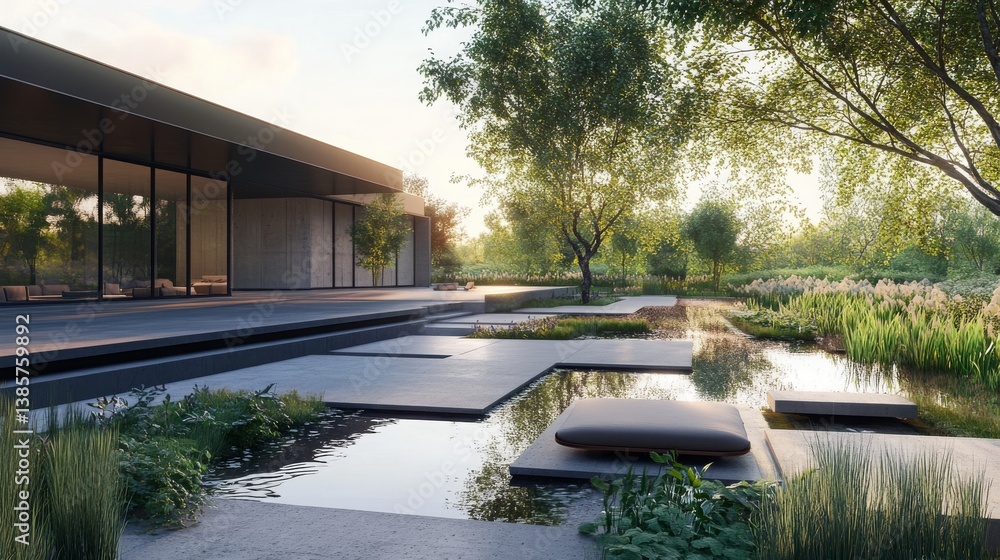 A visually striking entrance garden features layered stone terraces, sleek black water basins, and a meticulously pruned bonsai tree standing as a sculptural focal point. A visually striking entrance garden features layered stone terraces, sleek black water basins, and a meticulously pruned bonsai tree standing as a sculptural focal point.