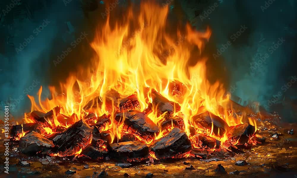 Fiery scene Glowing embers and intense flames burning brightly atop charred wood pile, emitting heat and vibrant orange hue Fiery scene Glowing embers and intense flames burning brightly atop charred wood pile, emitting heat and vibrant orange hue