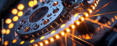 Close-up of a futuristic brake rotor with glowing lights.