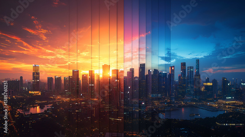 Cityscape Skyline Sunset: Vibrant Urban Metropolis with Reflections & City Lights at Twilight