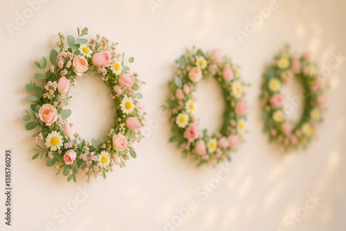 Colorful Floral Wreaths Decorated for Spring on a Light Wall During Daylight