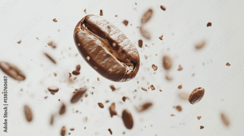 Conceptual digital artwork of a coffee bean splitting mid-air into granules, transforming into a rich espresso droplet as it descends, pure white negative space Conceptual digital artwork of a coffee bean splitting mid-air into granules, transforming into a rich espresso droplet as it descends, pure white negative space