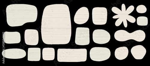 Beige striped school paper collage with cutout flowers and torn sticker shapes. Abstract rough background with organic elements and vintage scrap design