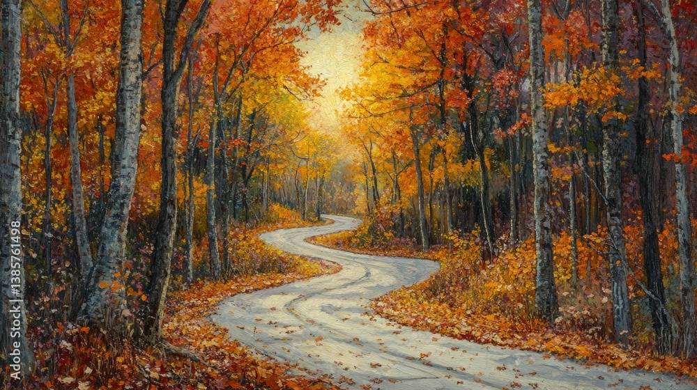Fototapeta premium A winding road through an autumn forest with vibrant orange, red, and yellow leaves, soft golden sunlight filtering through the trees, and fallen leaves covering the ground.
