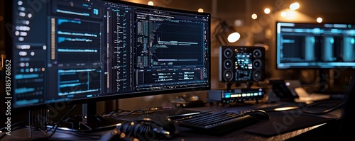 Close-up of a high-tech workspace with multiple computer screens.