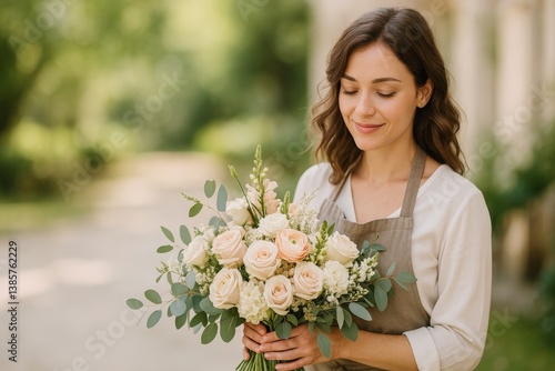 Floral Arrangement Created by a Woman in a Garden During Bright Daylight in S...