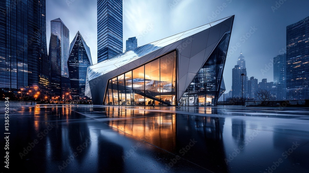 Fototapeta premium Modern Architecture Reflected in Urban Skyline at Dusk