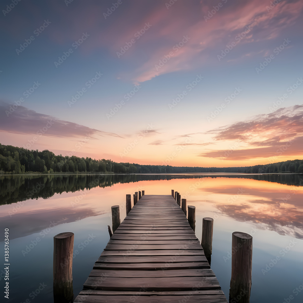 Old Wooden Dock at the Lake During Sunset – Serene Landscape Old Wooden Dock at the Lake During Sunset – Serene Landscape