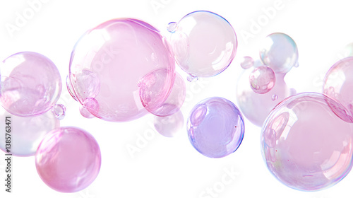 Collection of pink bubbles, translucent and iridescent, floating,
