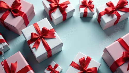 Subtle grey gift boxes with red ribbons, repeating pattern, ribbon, minimalist design