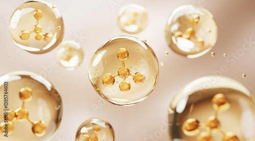 3D illustration of golden molecular structures inside serum bubbles, representing advanced dermocosmetic technology and deep nourishment in skincare innovation.