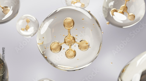 Fotografi 3D illustration of golden molecular structures inside serum bubbles, representing advanced dermocosmetic technology and deep nourishment in skincare innovation
