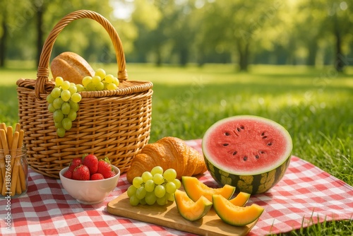 Fresh Fruit Picnic Setup in a Sunny Park With Bright Greenery and Delicious S...