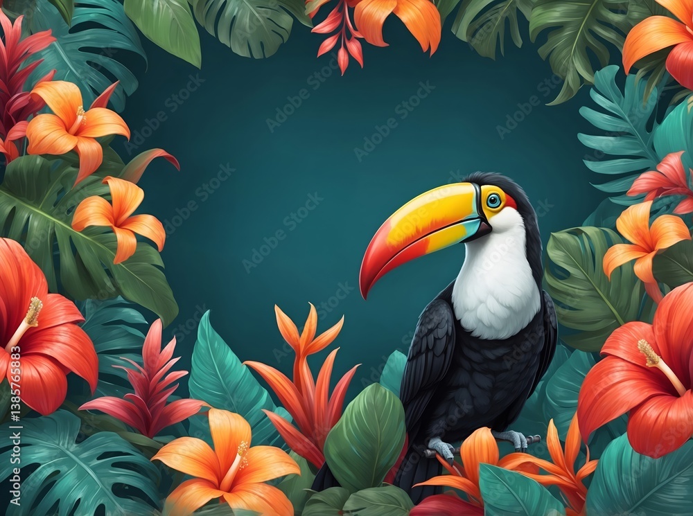 Fototapeta premium Toucan bird resting among vibrant tropical flowers and lush green leaves
