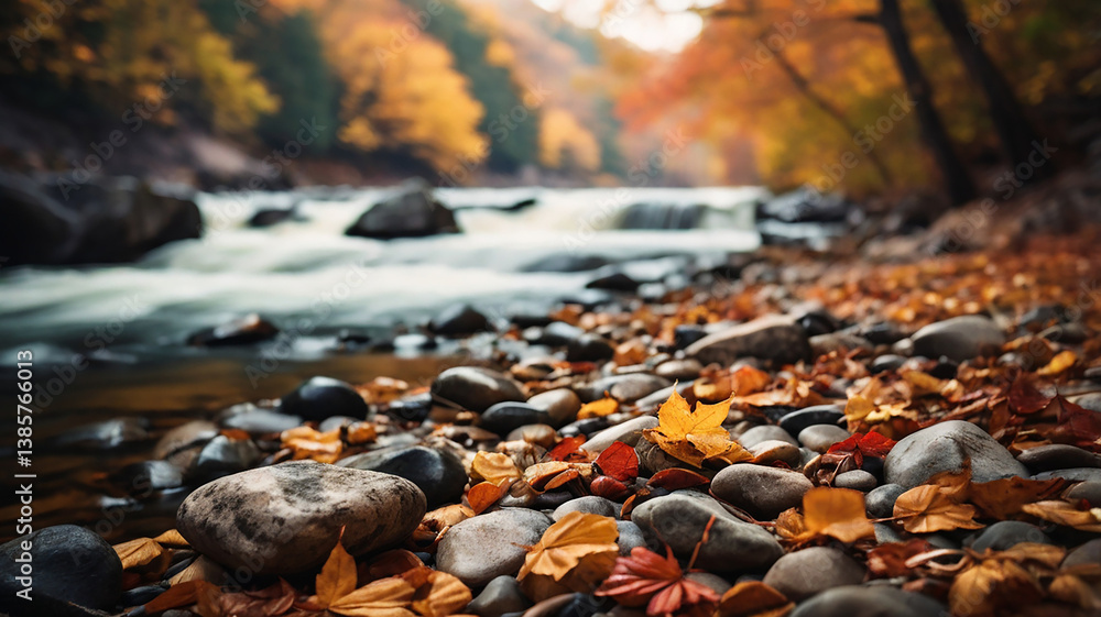 Fototapeta premium a river with rocks and leaves in the fall blur background image and use it as your wallpaper, poster and banner design