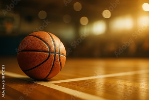 Basketball Resting on Wooden Court With Warm Lighting During Game Time