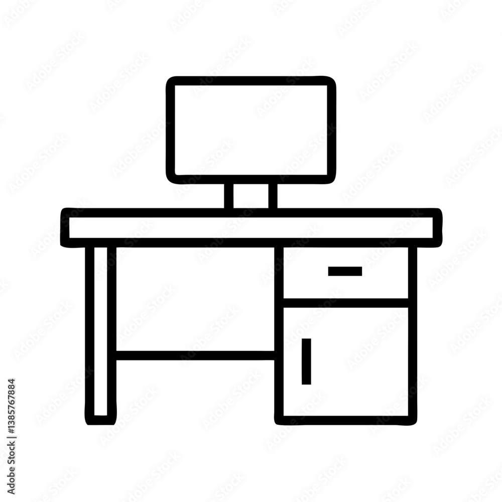 Office desk with computer monitor line art vector illustration for workspace and furniture design needs is here Office desk with computer monitor line art vector illustration for workspace and furniture design needs is here