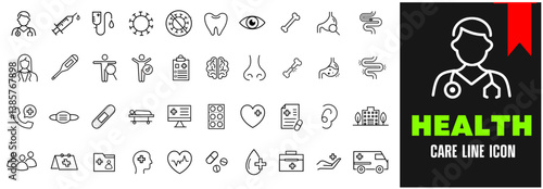 Medical editable stroke outline Icons set. Hospital, patient, medicine, pharmacy, nurse, prescription and medical report. Vector illustration