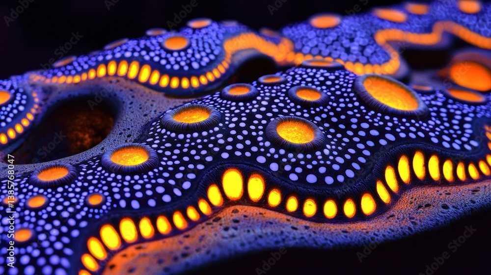 Obraz premium Organic surface with raised, dotted textures and orange glowing round patterns