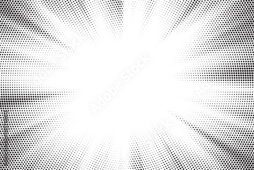 Halftone gradient sun rays pattern. Abstract halftone vector dots background. monochrome dots pattern. Vector background in comic book style with sunburst rays and halftone. Retro pop art design.