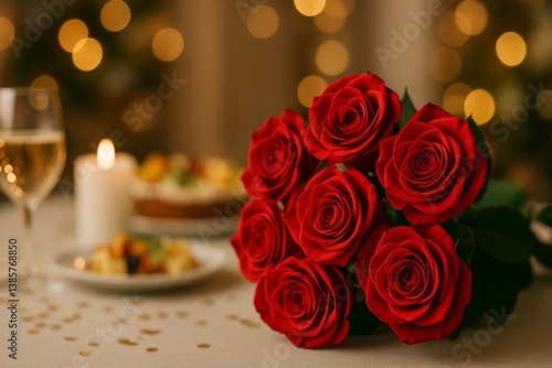 Romantic Dinner Table Setting With Red Roses and Elegant Decor During Festive...
