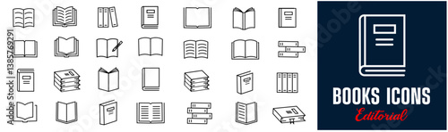 Various Books Vector Line Drawing Icon Set, Open book line icon set. Diary, open book, pages, bookmark, magazine etc. Editable stroke