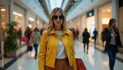 Woman in yellow coat walking through shopping mall