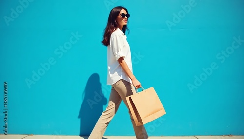 Woman walking with shopping bag against blue wall