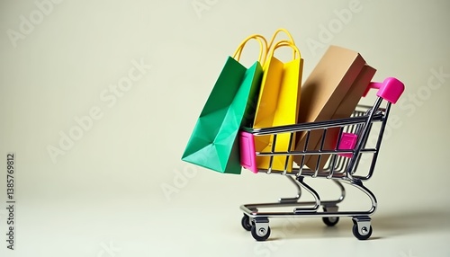 Colorful shopping bags in a small shopping cart