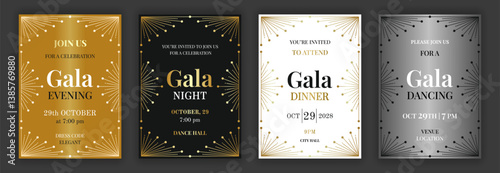 Geometry ornate black, gold, white and silver gala evening, dinner, night, dancing invitation template. Art deco style decor retro linear background. EPS 10 vector illustration.