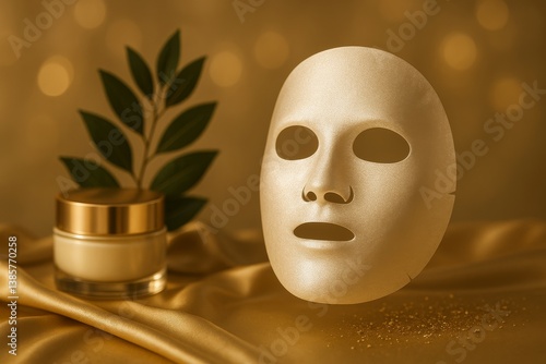 Golden Facial Mask and Cream on Luxurious Fabric With Soft Glowing Background...