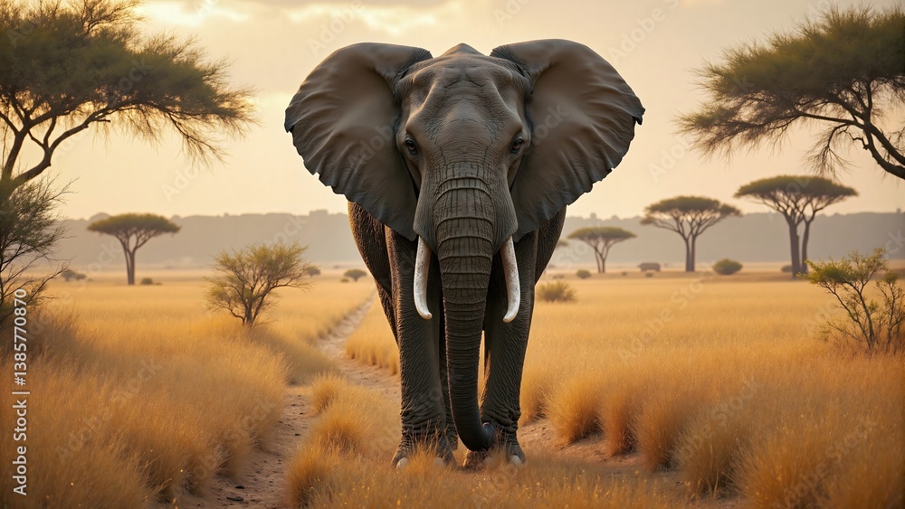 Obraz premium A majestic African elephant with tusks stands in the middle of a golden savanna grassland as the sun sets, evoking the raw beauty of nature and the vulnerability of wildlife in their natural habitat.