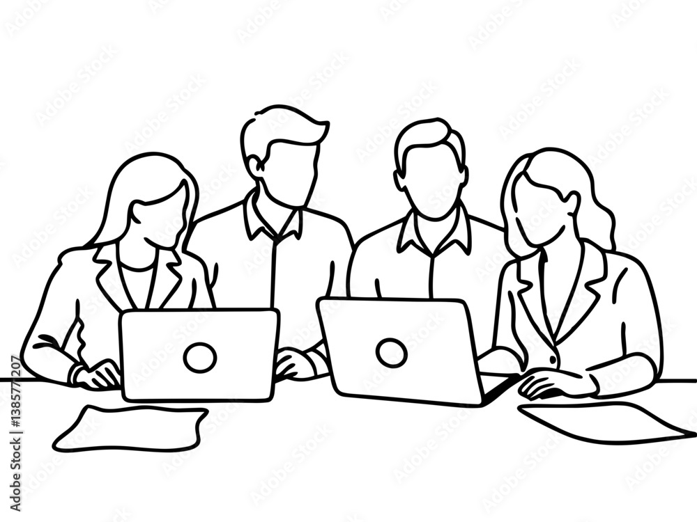 Business team collaborating on laptops in a minimalistic style Business team collaborating on laptops in a minimalistic style
