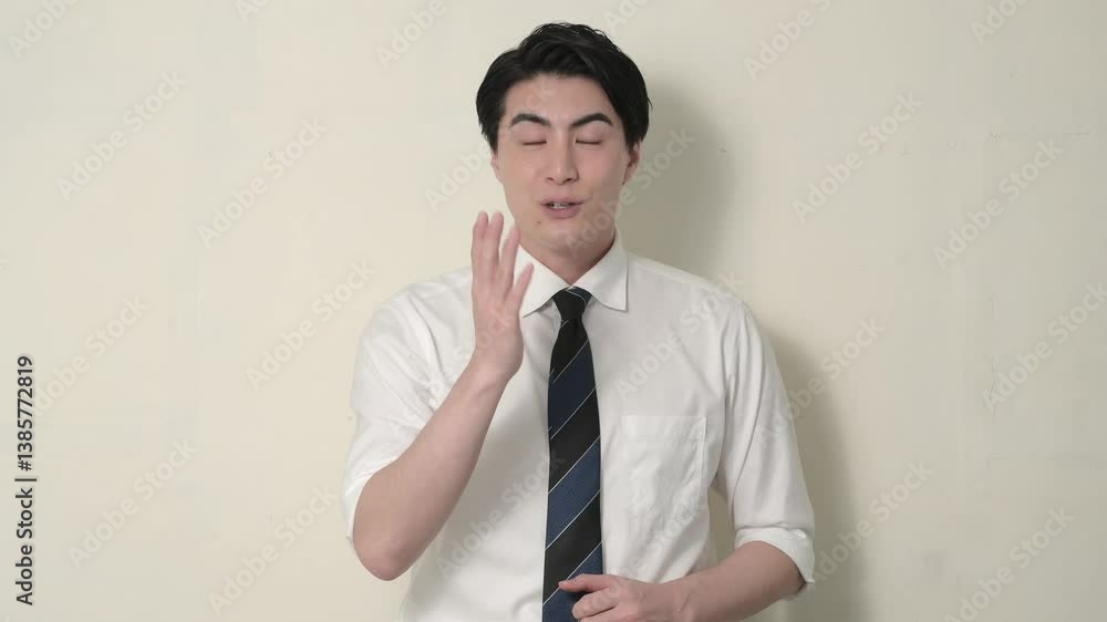 カメラ目線で説明をするワイシャツの日本人男性 カメラ目線で説明をするワイシャツの日本人男性