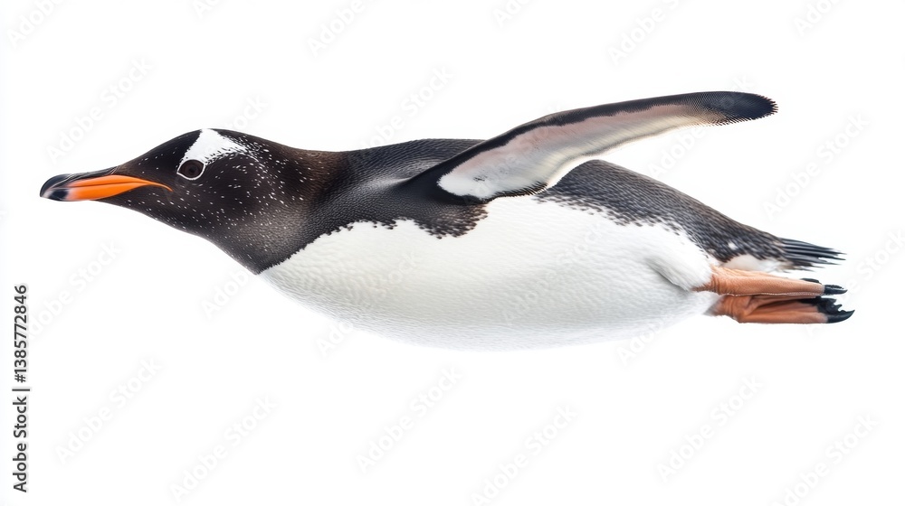 Naklejka premium Flying gentoo penguin in arctic environment wildlife photography aerial view natural habitat animal behavior