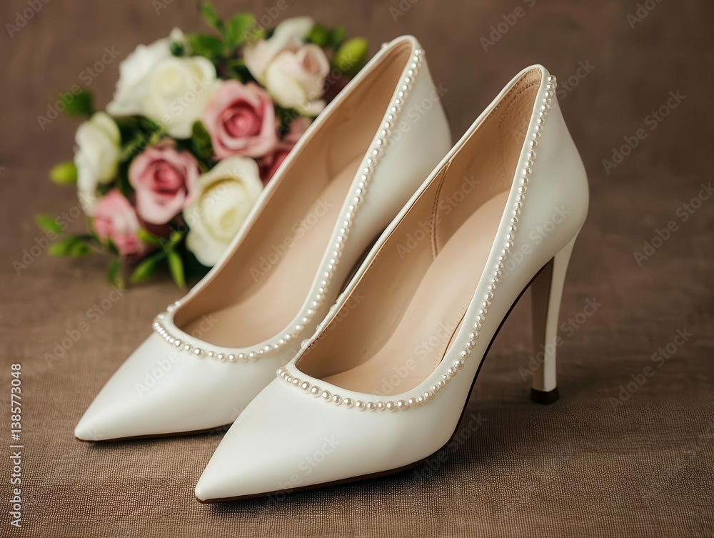 Obraz premium Satin bridal pumps with a pointed toe and pearl detailing, offering a chic and sophisticated wedding style
