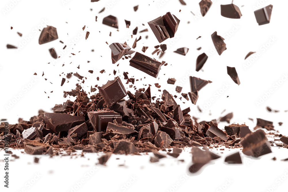 Fototapeta premium Chocolate Cake Crumbs in Motion with Vibrant Flying Effect isolated on transparent background