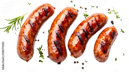 Grilled sausage, top view, juicy texture,
