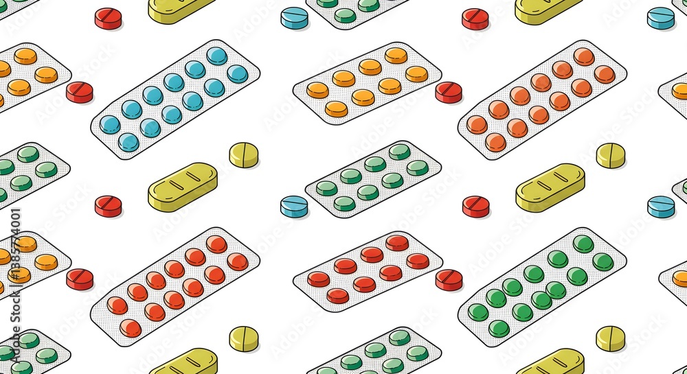 Colorful Pill and Tablet Seamless Pattern on White for Medical Use Illustration Colorful Pill and Tablet Seamless Pattern on White for Medical Use Illustration