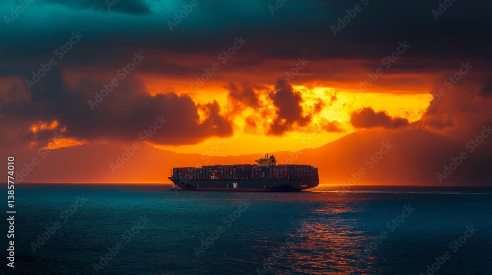 Naklejka premium Container ship navigating sunset waters ocean maritime photography dramatic skies side view journey of trade
