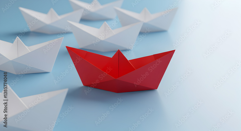 Red Paper Boat Leading White Boats on Blue Represents Leadership Concept Red Paper Boat Leading White Boats on Blue Represents Leadership Concept