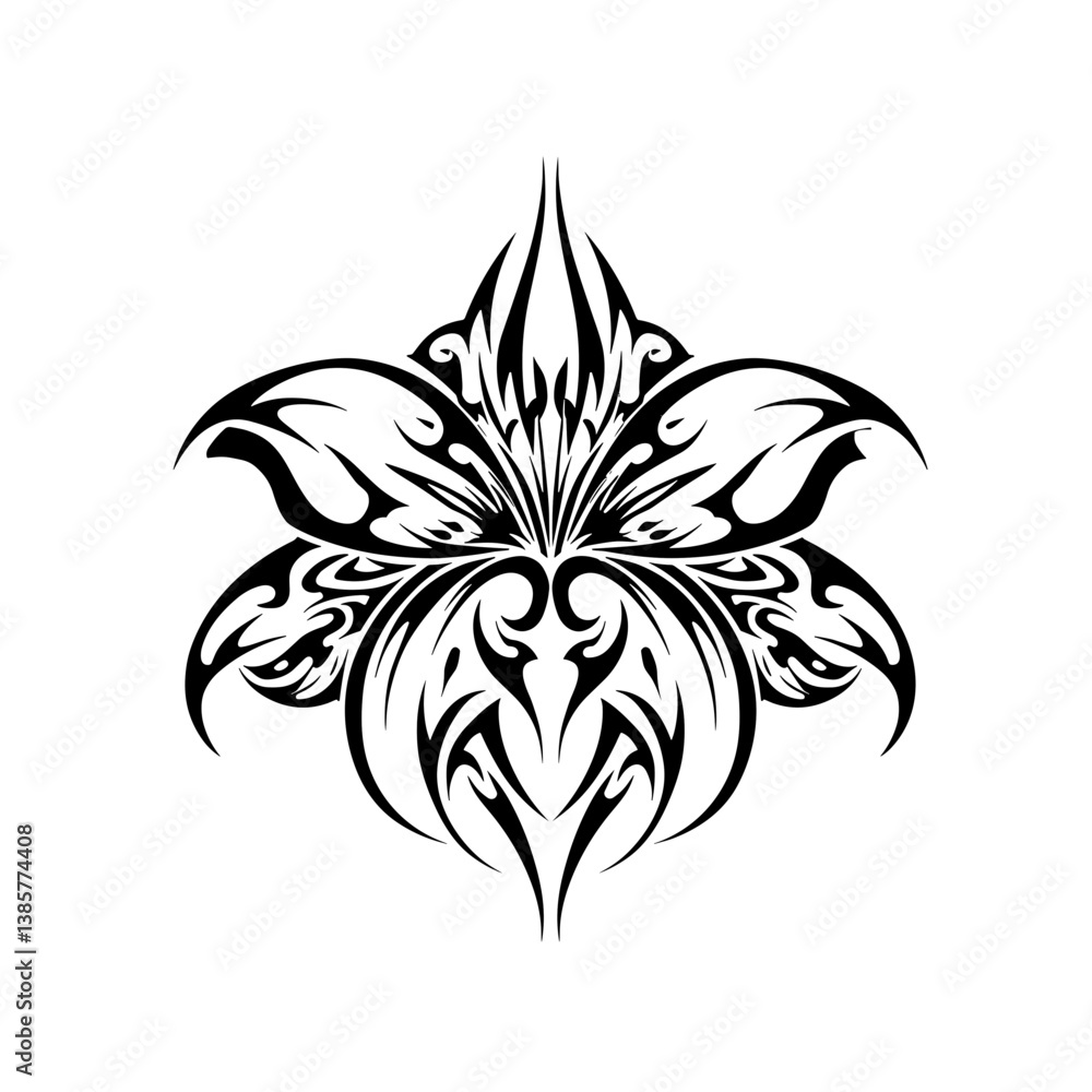 Fototapeta premium Tribal flower design in black and white representing a tattoo stencil with copy space